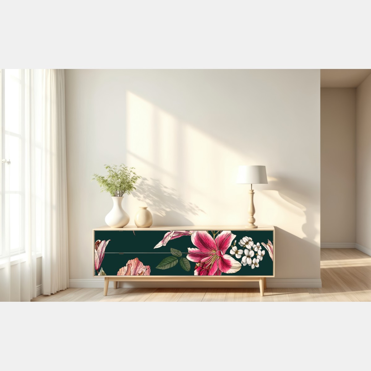 Naklejka repozycjonowalna vintage botaniczny wzór kwiatowy na głębokiej zieleni – Wallissimo® Naklejka repozycjonowalna vintage botaniczny wzór kwiatowy na głębokiej zieleni – Wallissimo®