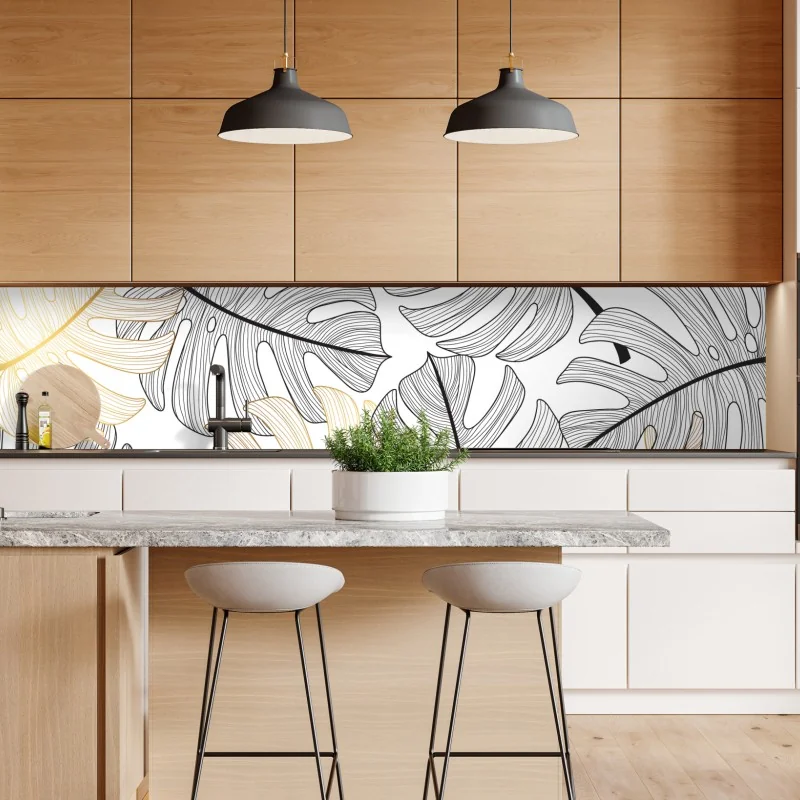 Naklejka repozycjonowalna wzór liści monstera ze złotymi akcentami – Wallissimo® Naklejka repozycjonowalna wzór liści monstera ze złotymi akcentami – Wallissimo®