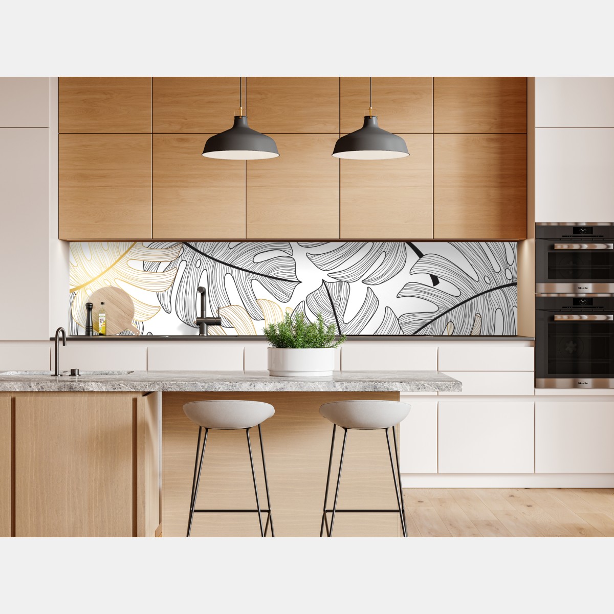 Naklejka repozycjonowalna wzór liści monstera ze złotymi akcentami – Wallissimo® Naklejka repozycjonowalna wzór liści monstera ze złotymi akcentami – Wallissimo®