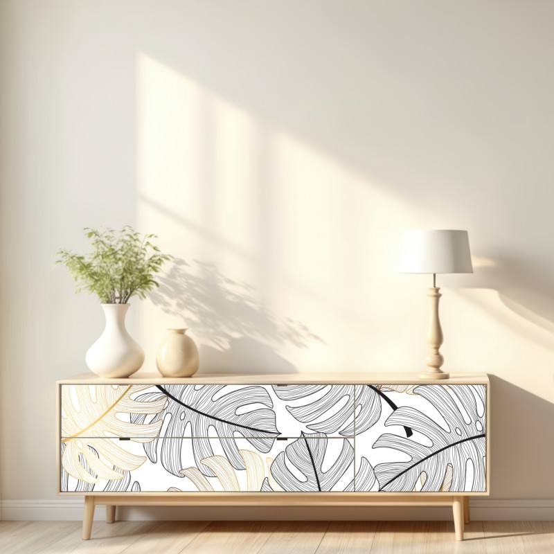 Naklejka repozycjonowalna wzór liści monstera ze złotymi akcentami – Wallissimo® Naklejka repozycjonowalna wzór liści monstera ze złotymi akcentami – Wallissimo®