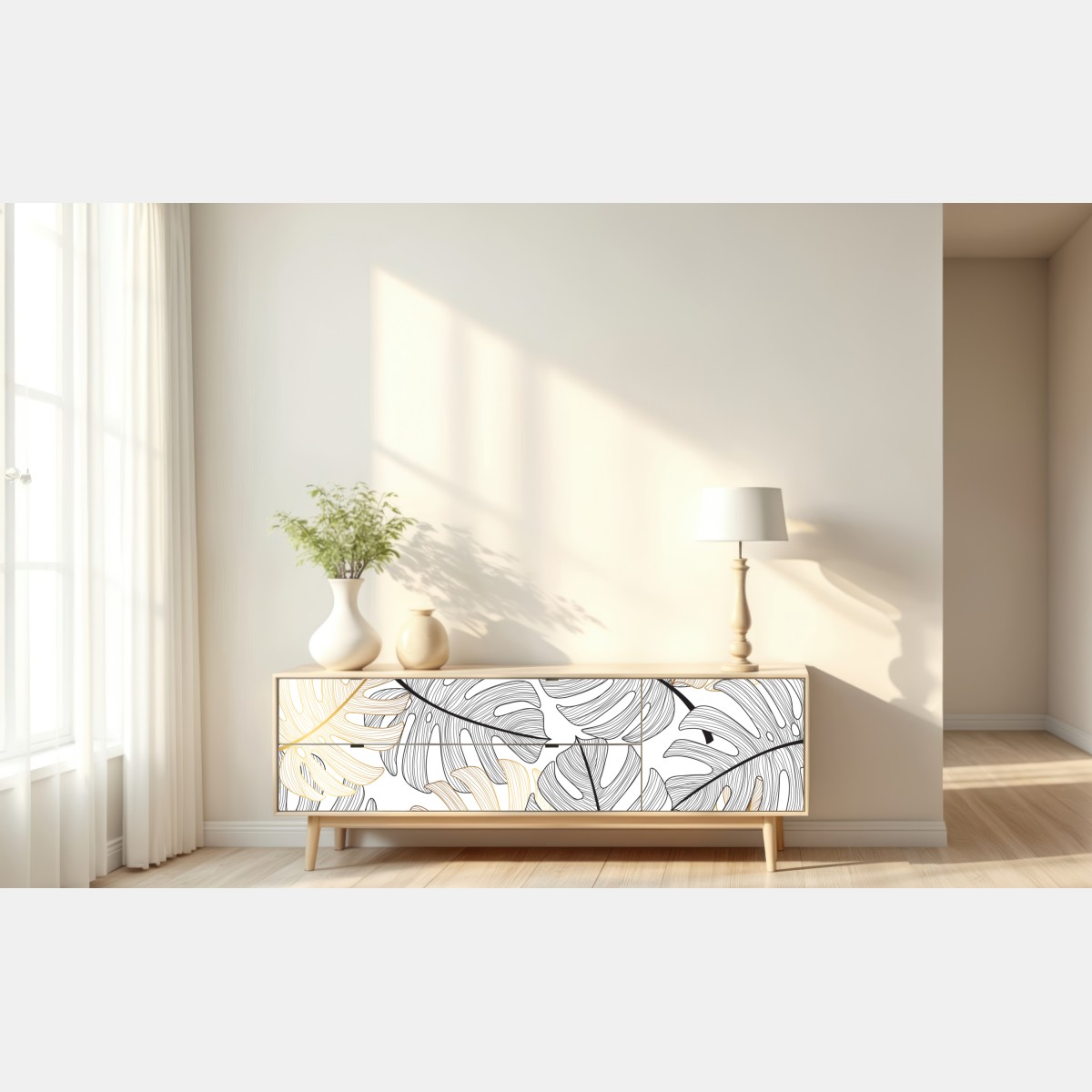 Naklejka repozycjonowalna wzór liści monstera ze złotymi akcentami – Wallissimo® Naklejka repozycjonowalna wzór liści monstera ze złotymi akcentami – Wallissimo®