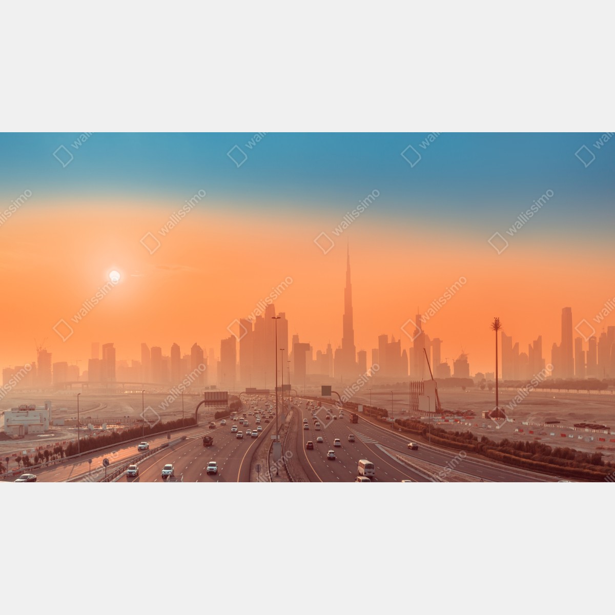 Naklejka repozycjonowalna Dubaj panorama o wschodzie słońca – Wallissimo® Naklejka repozycjonowalna Dubaj panorama o wschodzie słońca – Wallissimo®