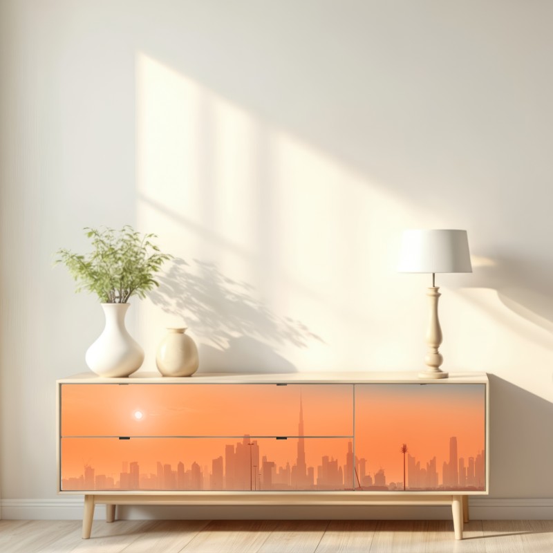 Naklejka repozycjonowalna Dubaj panorama o wschodzie słońca – Wallissimo® Naklejka repozycjonowalna Dubaj panorama o wschodzie słońca – Wallissimo®