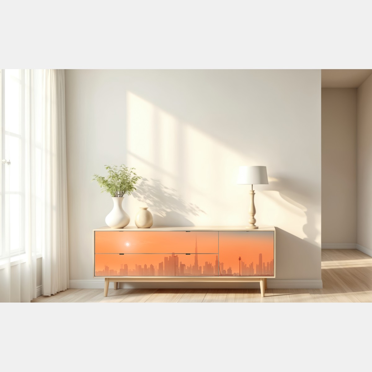 Naklejka repozycjonowalna Dubaj panorama o wschodzie słońca – Wallissimo® Naklejka repozycjonowalna Dubaj panorama o wschodzie słońca – Wallissimo®