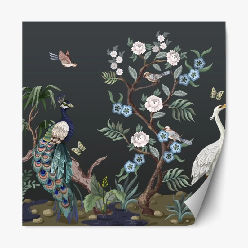 Naklejka repozycjonowalna pawie i czaple w kwiatowej scenie