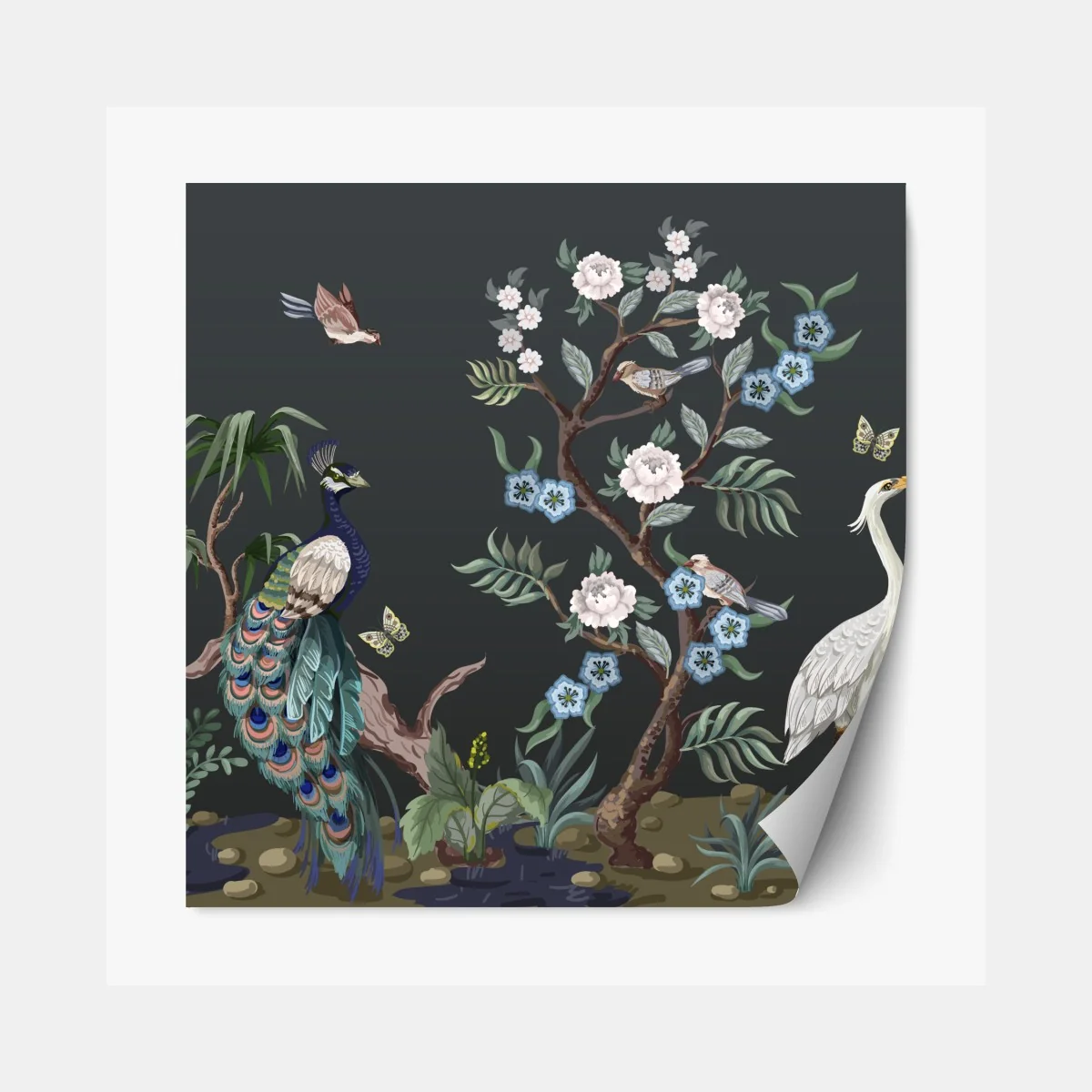 Naklejka repozycjonowalna pawie i czaple w kwiatowej scenie – Wallissimo® Naklejka repozycjonowalna pawie i czaple w kwiatowej scenie – Wallissimo®
