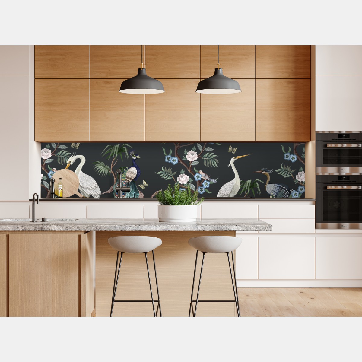 Naklejka repozycjonowalna pawie i czaple w kwiatowej scenie – Wallissimo® Naklejka repozycjonowalna pawie i czaple w kwiatowej scenie – Wallissimo®