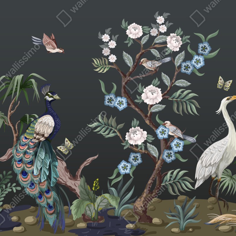 Naklejka repozycjonowalna pawie i czaple w kwiatowej scenie – Wallissimo® Naklejka repozycjonowalna pawie i czaple w kwiatowej scenie – Wallissimo®