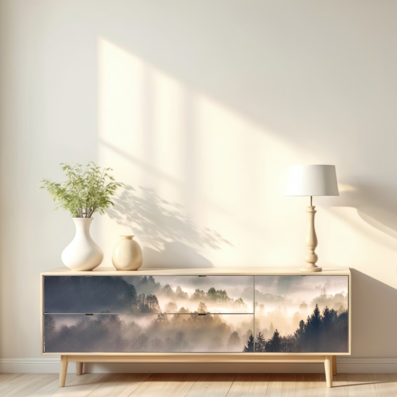 Naklejka repozycjonowalna mglisty las o świcie – Wallissimo® Naklejka repozycjonowalna mglisty las o świcie – Wallissimo®