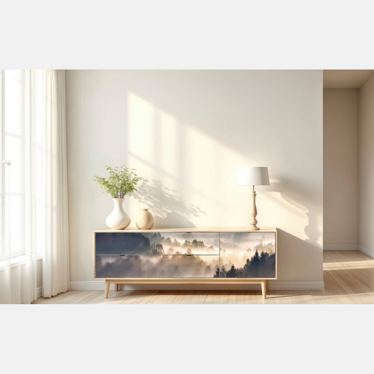 Naklejka repozycjonowalna mglisty las o świcie – Wallissimo® Naklejka repozycjonowalna mglisty las o świcie – Wallissimo®