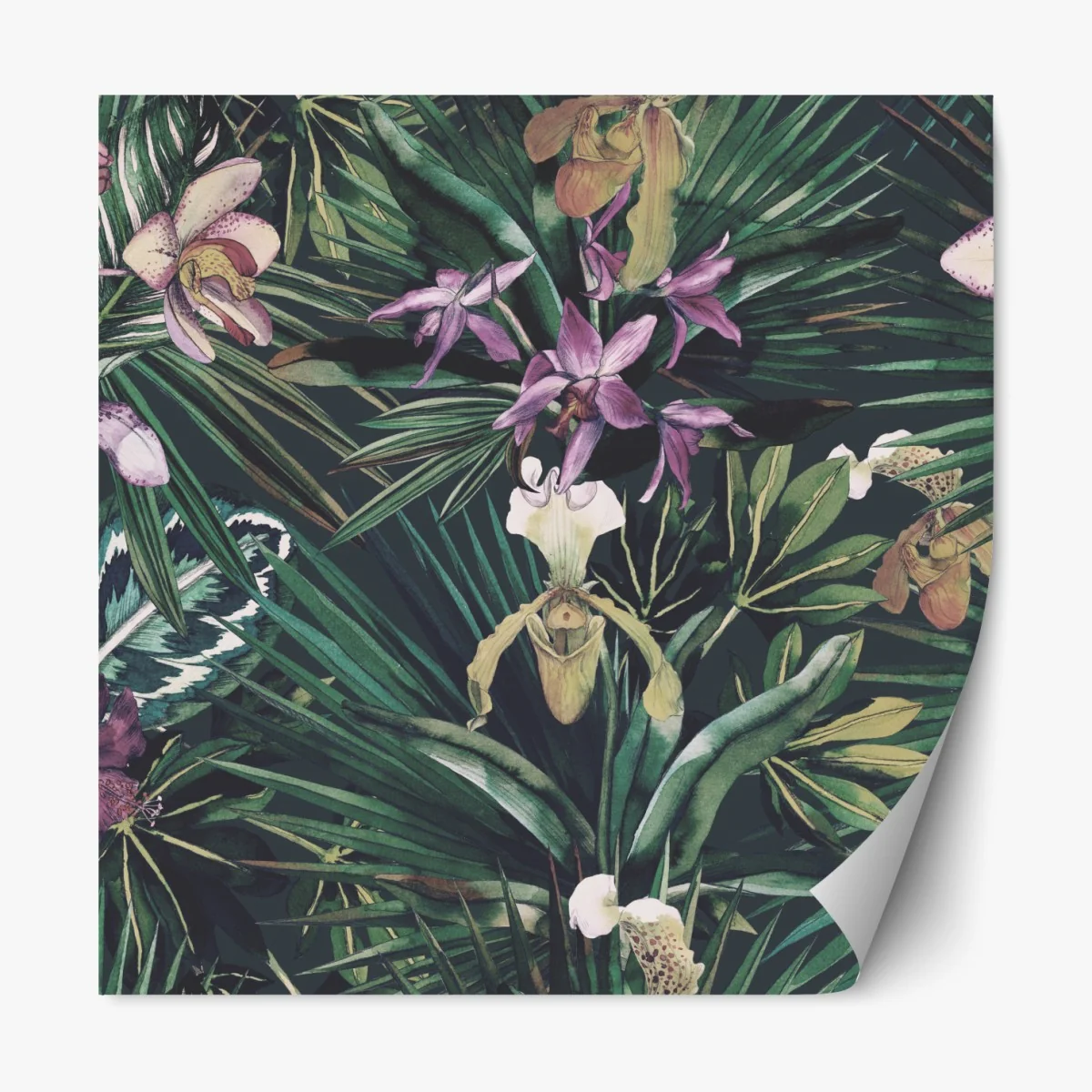 Naklejka repozycjonowalna tropikalne akwarelowe orchidee i liście palmowe – Wallissimo® Naklejka repozycjonowalna tropikalne akwarelowe orchidee i liście palmowe – Wallissimo®