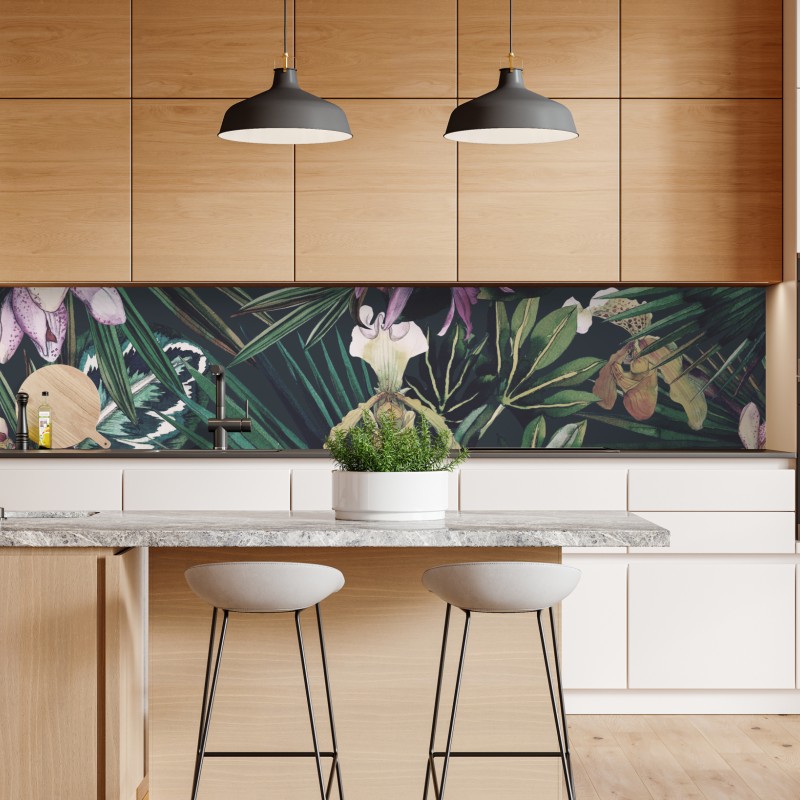 Naklejka repozycjonowalna tropikalne akwarelowe orchidee i liście palmowe – Wallissimo® Naklejka repozycjonowalna tropikalne akwarelowe orchidee i liście palmowe – Wallissimo®