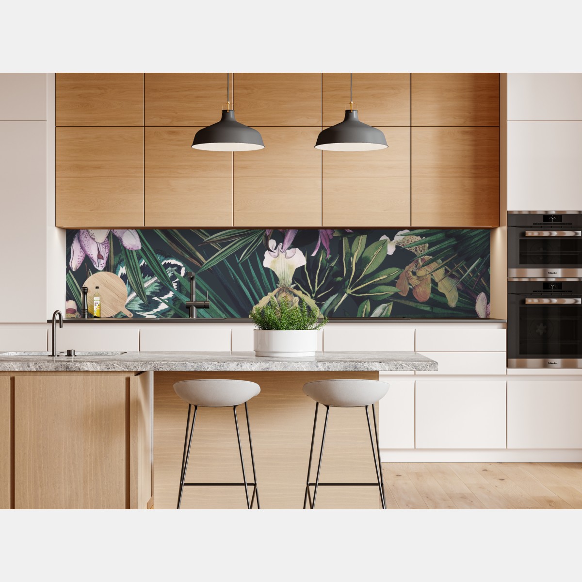 Naklejka repozycjonowalna tropikalne akwarelowe orchidee i liście palmowe – Wallissimo® Naklejka repozycjonowalna tropikalne akwarelowe orchidee i liście palmowe – Wallissimo®