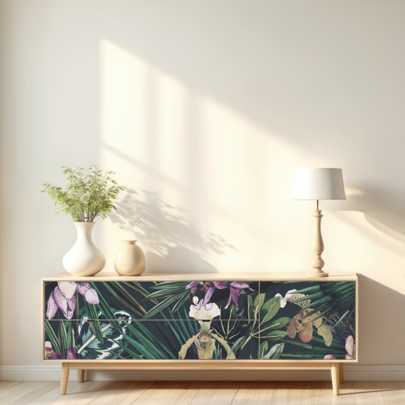 Naklejka repozycjonowalna tropikalne akwarelowe orchidee i liście palmowe – Wallissimo® Naklejka repozycjonowalna tropikalne akwarelowe orchidee i liście palmowe – Wallissimo®