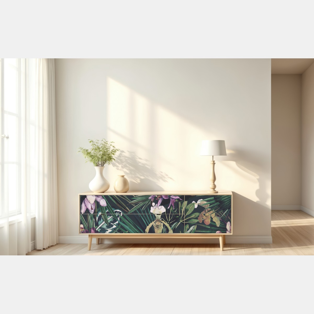 Naklejka repozycjonowalna tropikalne akwarelowe orchidee i liście palmowe – Wallissimo® Naklejka repozycjonowalna tropikalne akwarelowe orchidee i liście palmowe – Wallissimo®