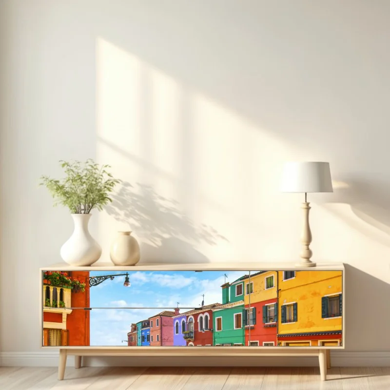 Naklejka repozycjonowalna kolorowe domy nad kanałem w Burano – Wallissimo® Naklejka repozycjonowalna kolorowe domy nad kanałem w Burano – Wallissimo®