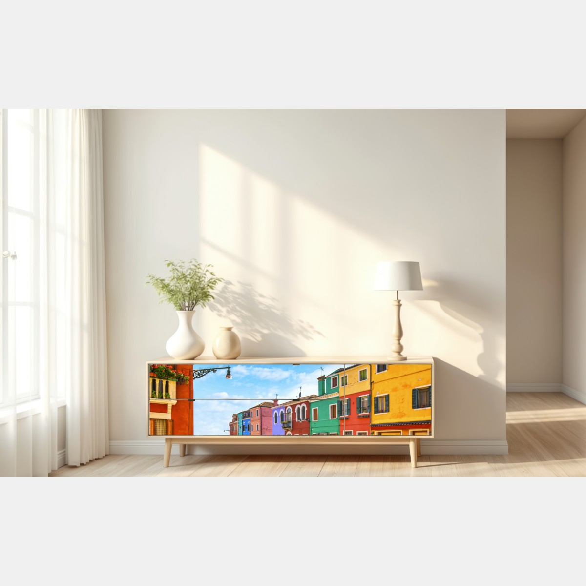 Naklejka repozycjonowalna kolorowe domy nad kanałem w Burano – Wallissimo® Naklejka repozycjonowalna kolorowe domy nad kanałem w Burano – Wallissimo®