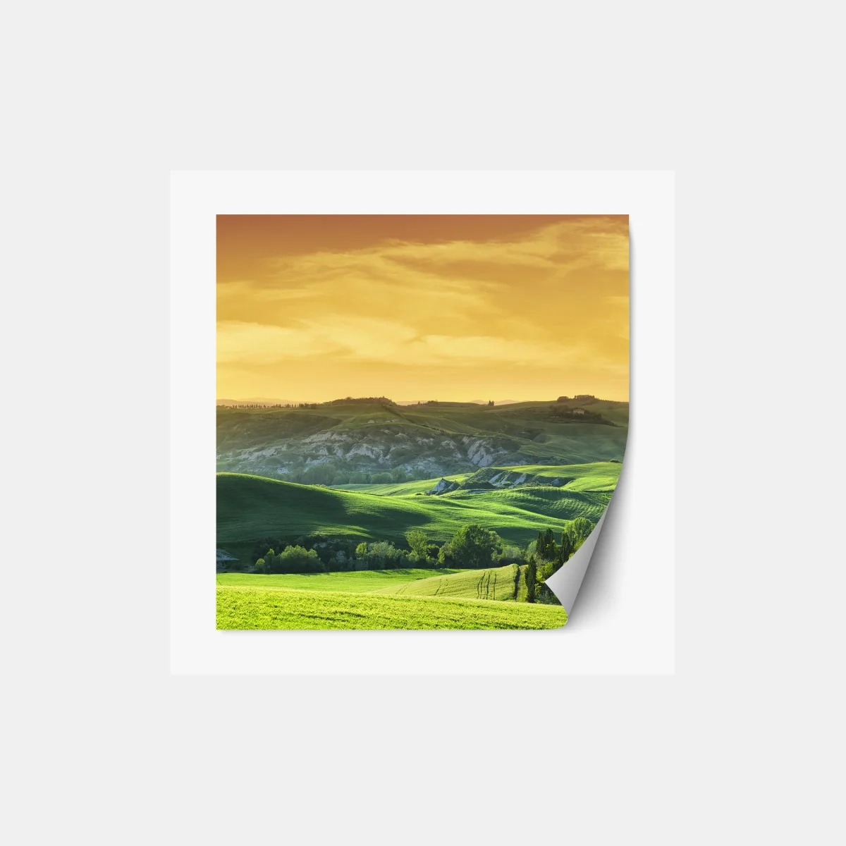Naklejka repozycjonowalna Toskańskie pagórki o zachodzie słońca – Wallissimo® Naklejka repozycjonowalna Toskańskie pagórki o zachodzie słońca – Wallissimo®