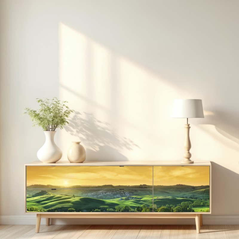 Naklejka repozycjonowalna Toskańskie pagórki o zachodzie słońca – Wallissimo® Naklejka repozycjonowalna Toskańskie pagórki o zachodzie słońca – Wallissimo®