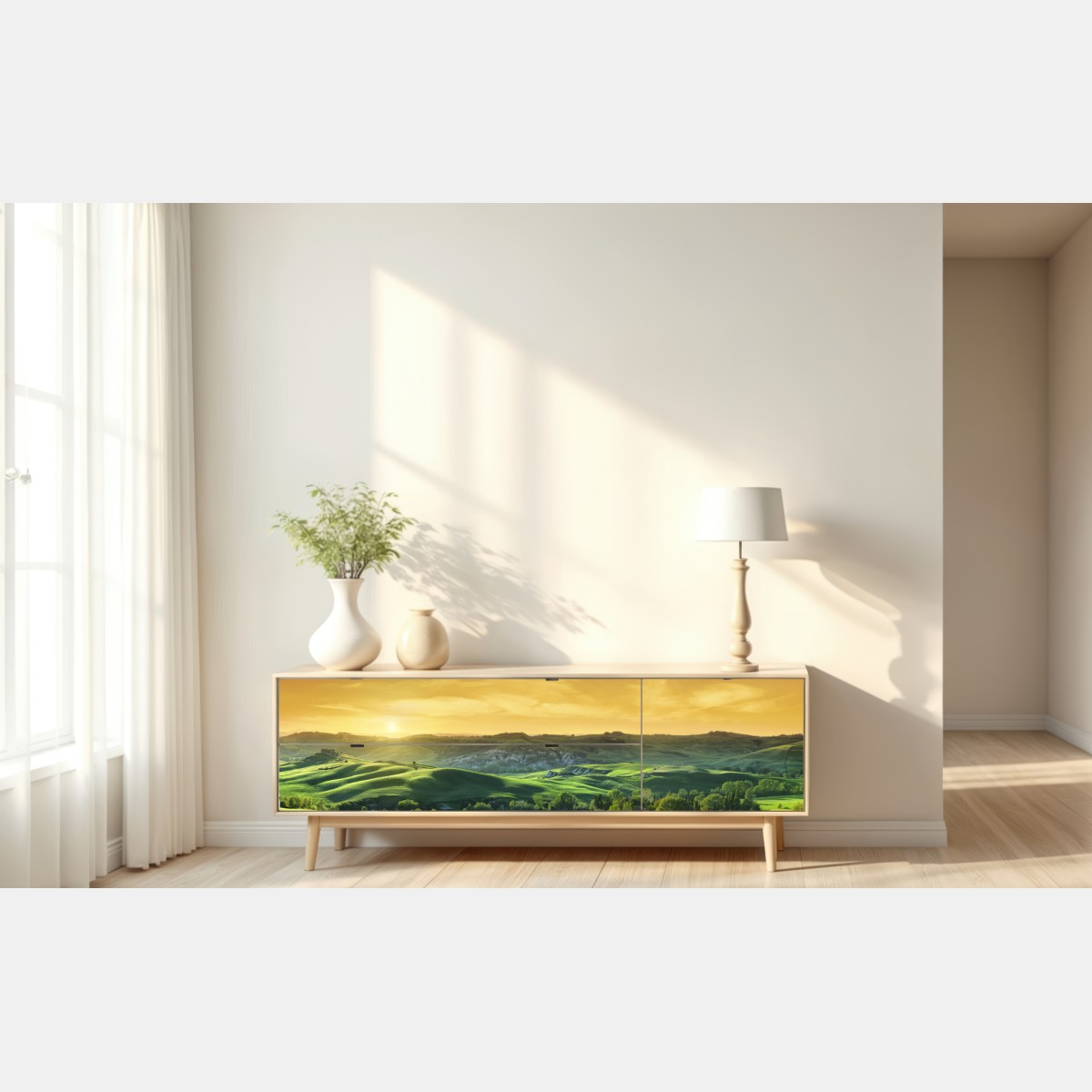 Naklejka repozycjonowalna Toskańskie pagórki o zachodzie słońca – Wallissimo® Naklejka repozycjonowalna Toskańskie pagórki o zachodzie słońca – Wallissimo®