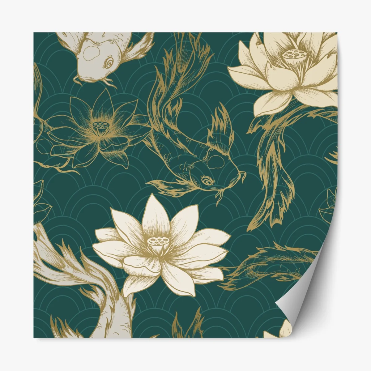Naklejka repozycjonowalna orientalny wzór koi i lotosów w turkusie i złocie – Wallissimo® Naklejka repozycjonowalna orientalny wzór koi i lotosów w turkusie i złocie – Wallissimo®