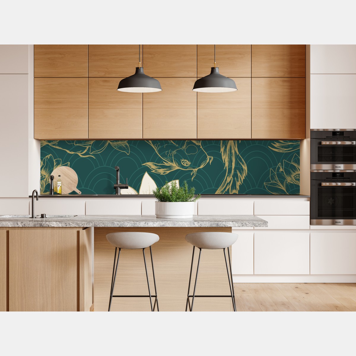 Naklejka repozycjonowalna orientalny wzór koi i lotosów w turkusie i złocie – Wallissimo® Naklejka repozycjonowalna orientalny wzór koi i lotosów w turkusie i złocie – Wallissimo®