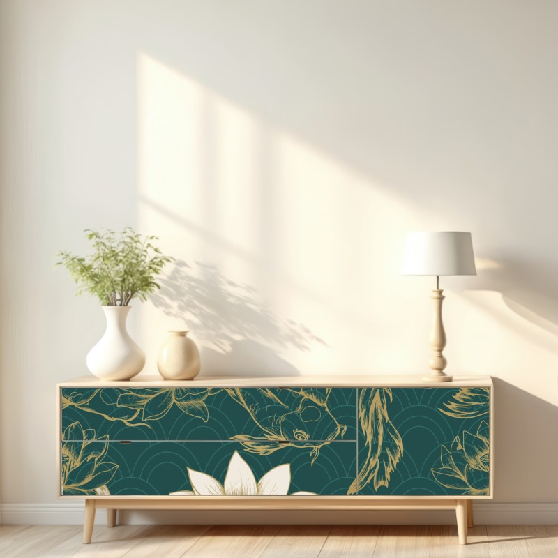 Naklejka repozycjonowalna orientalny wzór koi i lotosów w turkusie i złocie – Wallissimo® Naklejka repozycjonowalna orientalny wzór koi i lotosów w turkusie i złocie – Wallissimo®