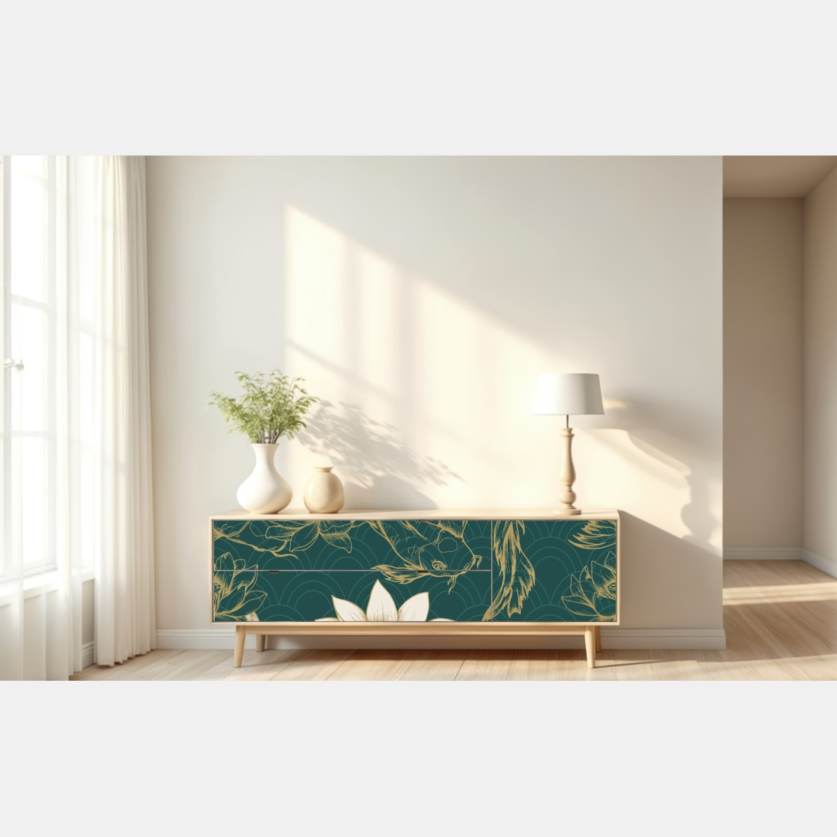 Naklejka repozycjonowalna orientalny wzór koi i lotosów w turkusie i złocie – Wallissimo® Naklejka repozycjonowalna orientalny wzór koi i lotosów w turkusie i złocie – Wallissimo®
