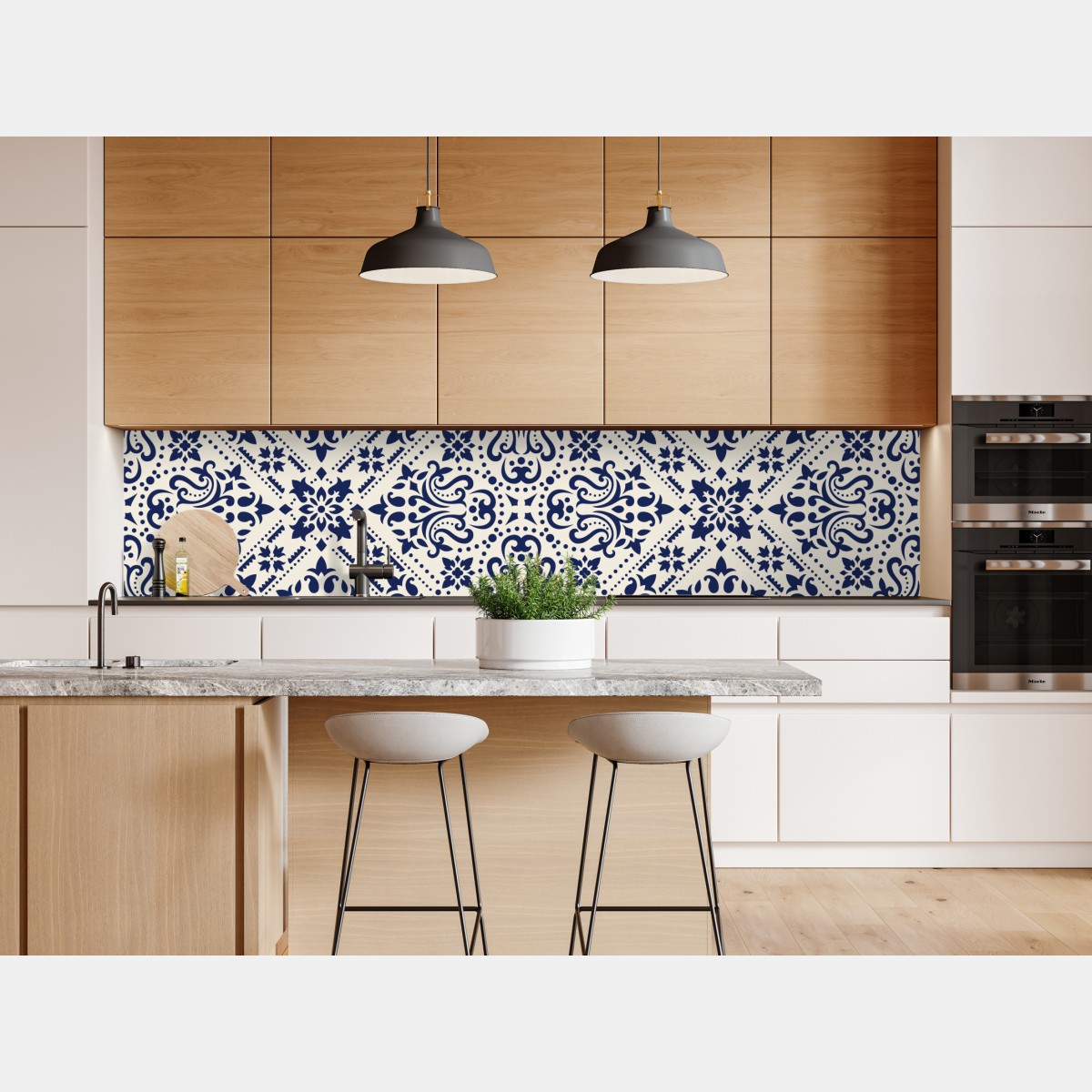 Naklejka repozycjonowalna granatowy wzór damaskowy na płytkach – Wallissimo® Naklejka repozycjonowalna granatowy wzór damaskowy na płytkach – Wallissimo®