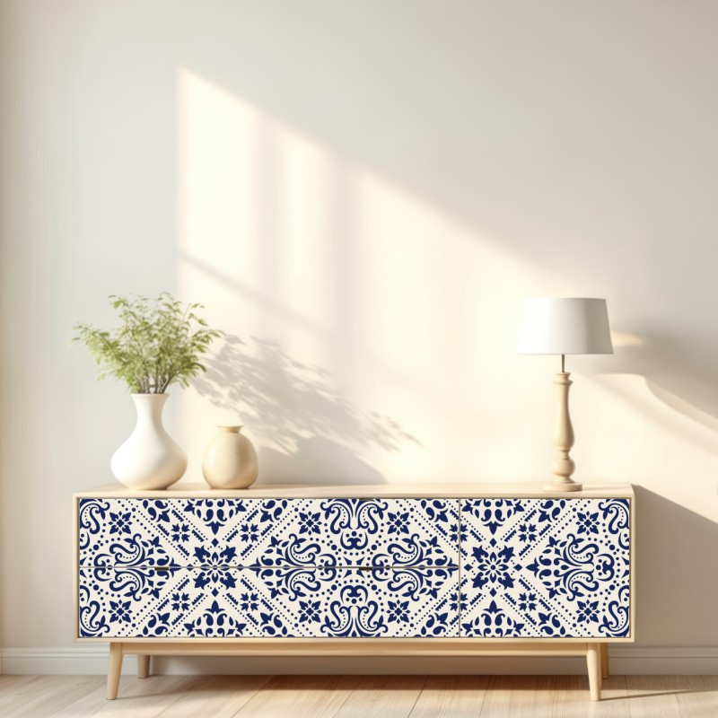 Naklejka repozycjonowalna granatowy wzór damaskowy na płytkach – Wallissimo® Naklejka repozycjonowalna granatowy wzór damaskowy na płytkach – Wallissimo®