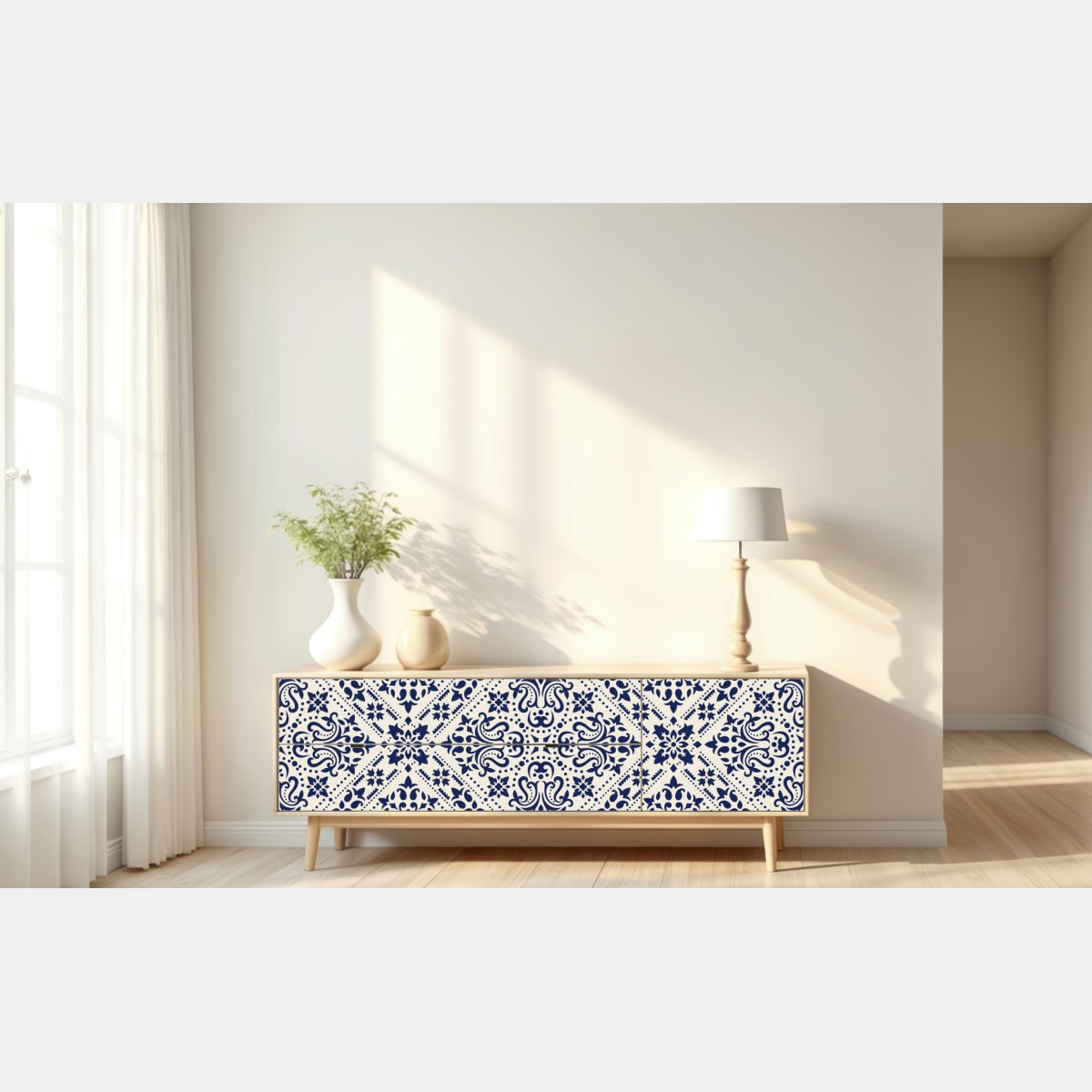 Naklejka repozycjonowalna granatowy wzór damaskowy na płytkach – Wallissimo® Naklejka repozycjonowalna granatowy wzór damaskowy na płytkach – Wallissimo®