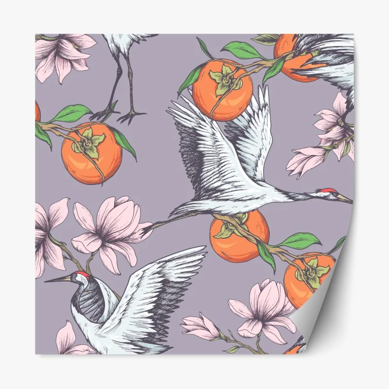 Naklejka repozycjonowalna żurawie i kwiaty persymony