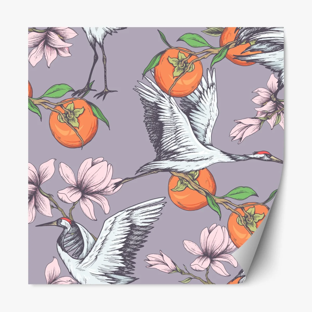 Naklejka repozycjonowalna żurawie i kwiaty persymony – Wallissimo® Naklejka repozycjonowalna żurawie i kwiaty persymony – Wallissimo®
