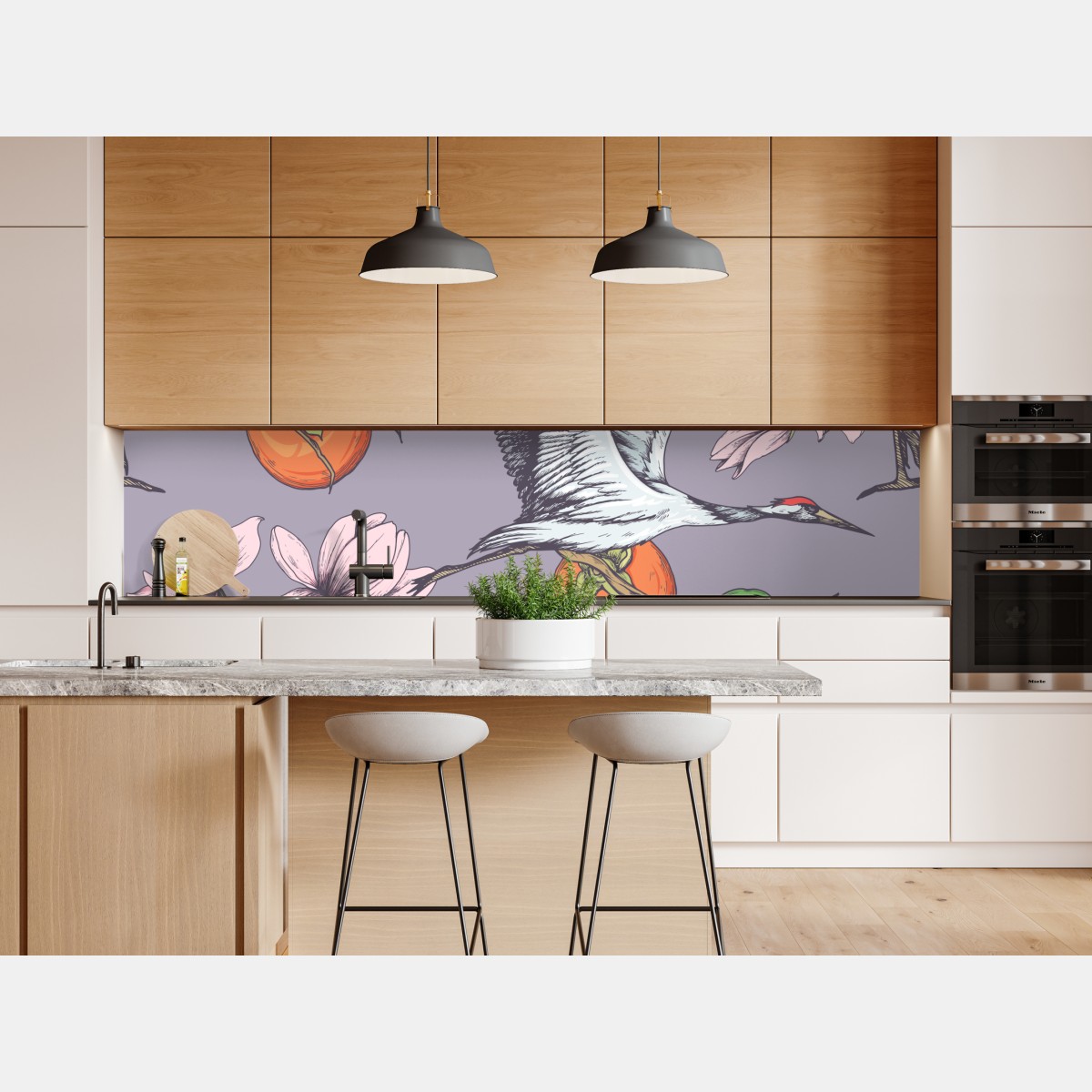 Naklejka repozycjonowalna żurawie i kwiaty persymony – Wallissimo® Naklejka repozycjonowalna żurawie i kwiaty persymony – Wallissimo®