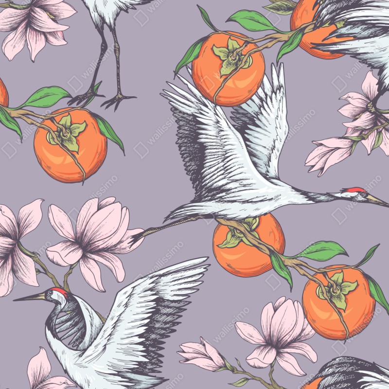 Naklejka repozycjonowalna żurawie i kwiaty persymony – Wallissimo® Naklejka repozycjonowalna żurawie i kwiaty persymony – Wallissimo®