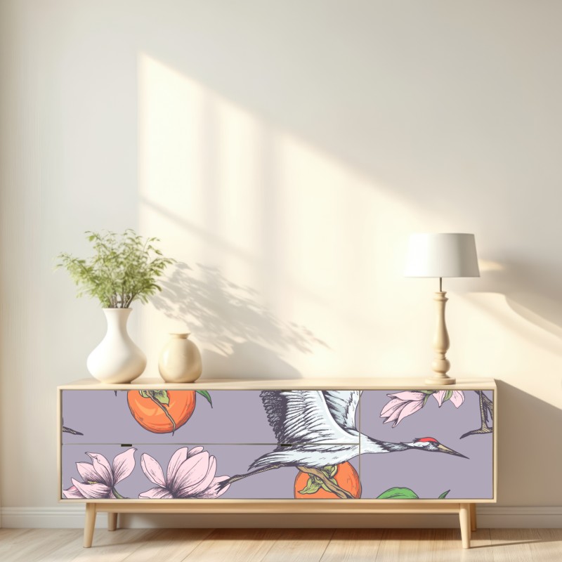 Naklejka repozycjonowalna żurawie i kwiaty persymony – Wallissimo® Naklejka repozycjonowalna żurawie i kwiaty persymony – Wallissimo®