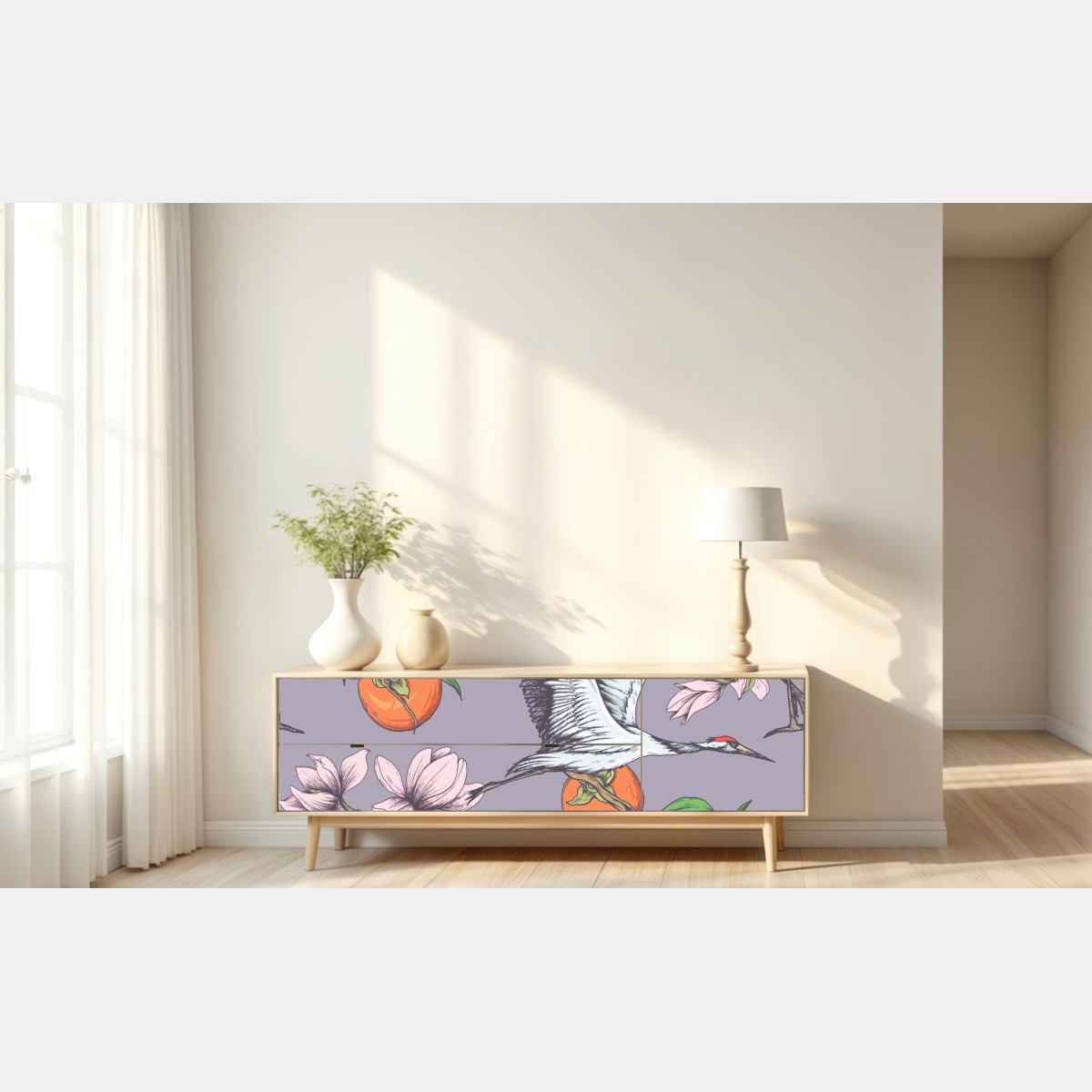 Naklejka repozycjonowalna żurawie i kwiaty persymony – Wallissimo® Naklejka repozycjonowalna żurawie i kwiaty persymony – Wallissimo®