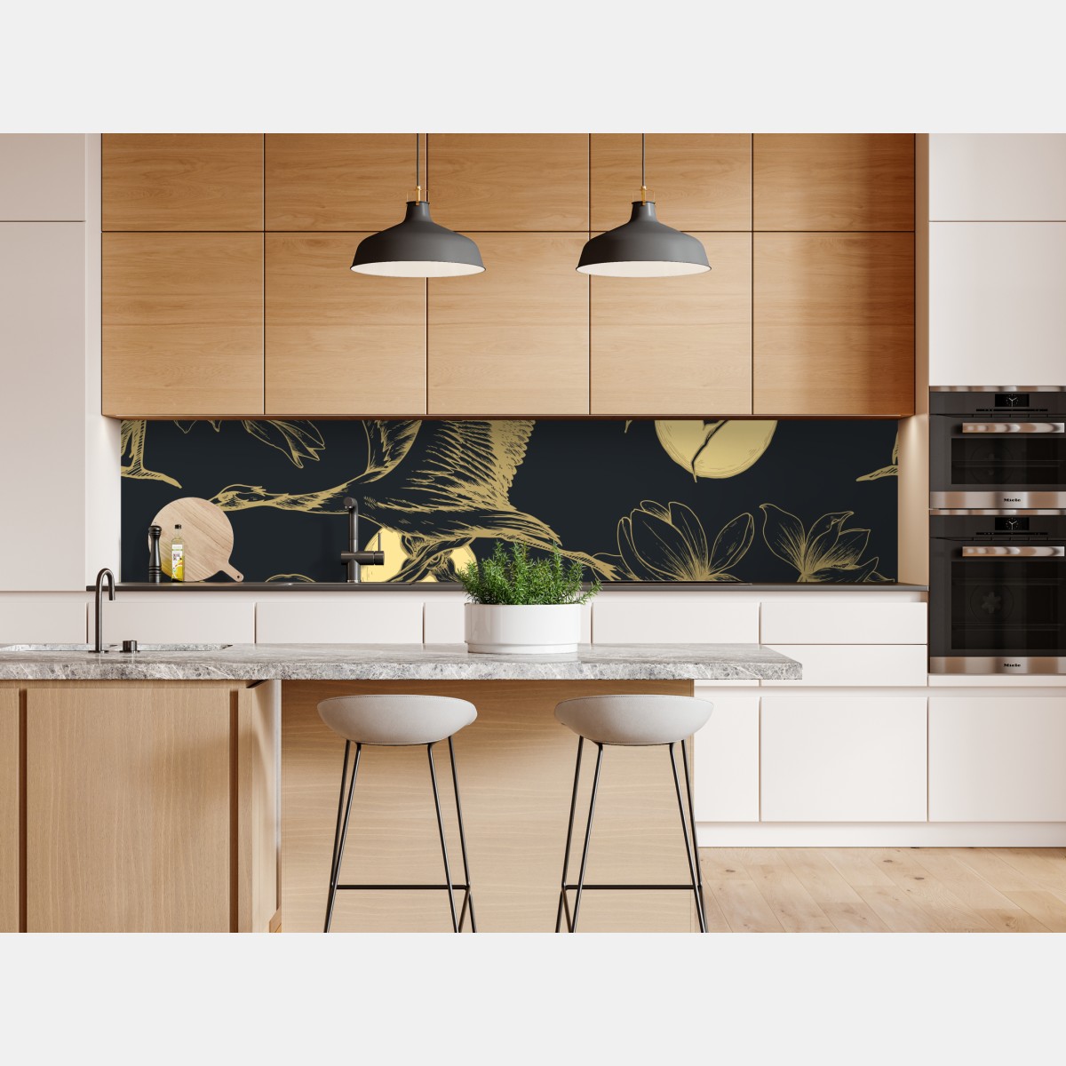 Naklejka repozycjonowalna złote żurawie i księżycowy wzór – Wallissimo® Naklejka repozycjonowalna złote żurawie i księżycowy wzór – Wallissimo®