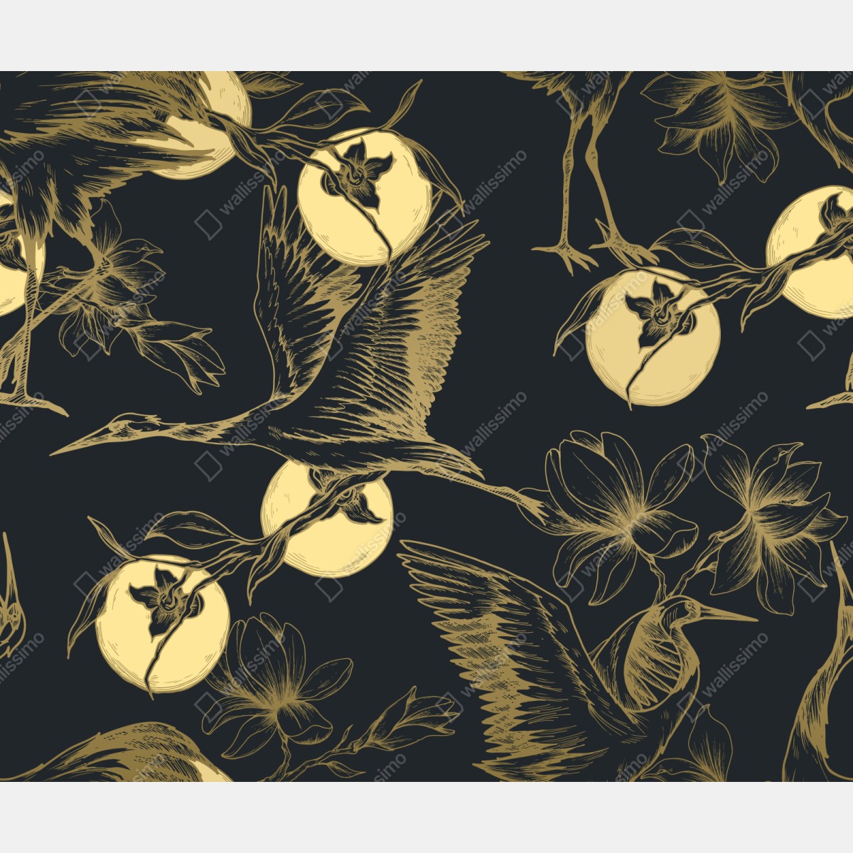 Naklejka repozycjonowalna złote żurawie i księżycowy wzór – Wallissimo® Naklejka repozycjonowalna złote żurawie i księżycowy wzór – Wallissimo®