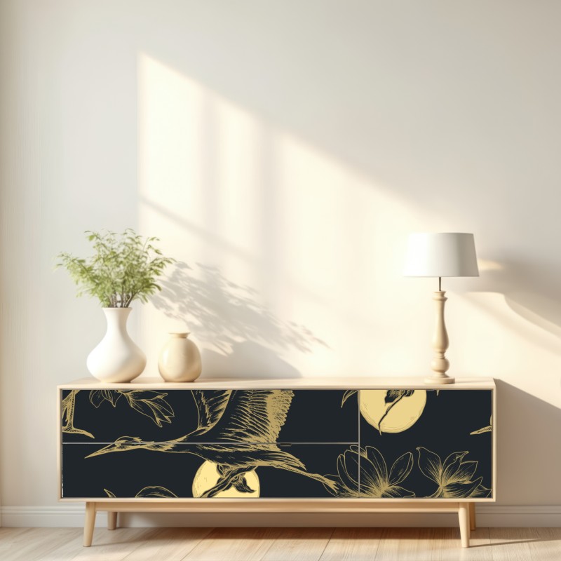 Naklejka repozycjonowalna złote żurawie i księżycowy wzór – Wallissimo® Naklejka repozycjonowalna złote żurawie i księżycowy wzór – Wallissimo®