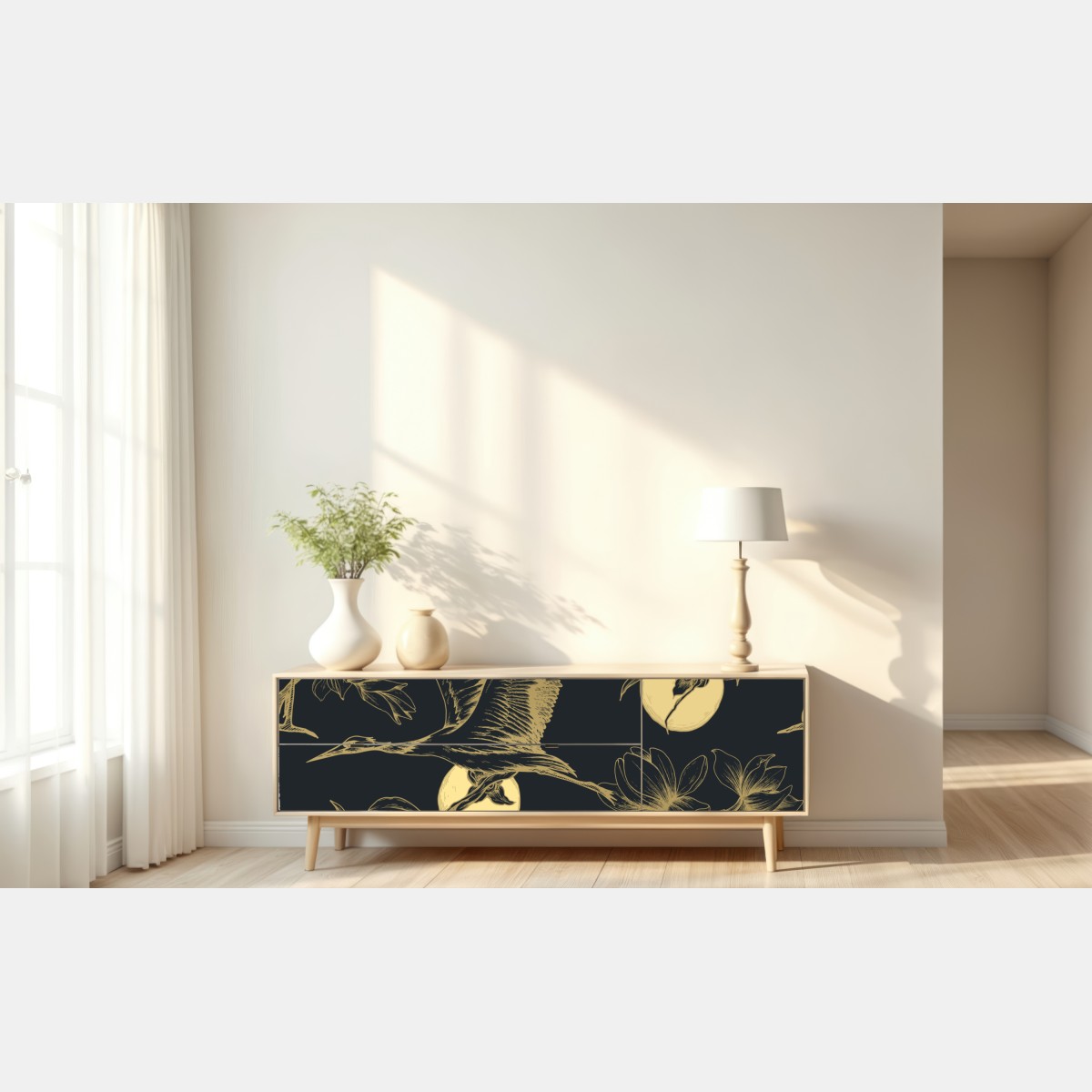 Naklejka repozycjonowalna złote żurawie i księżycowy wzór – Wallissimo® Naklejka repozycjonowalna złote żurawie i księżycowy wzór – Wallissimo®