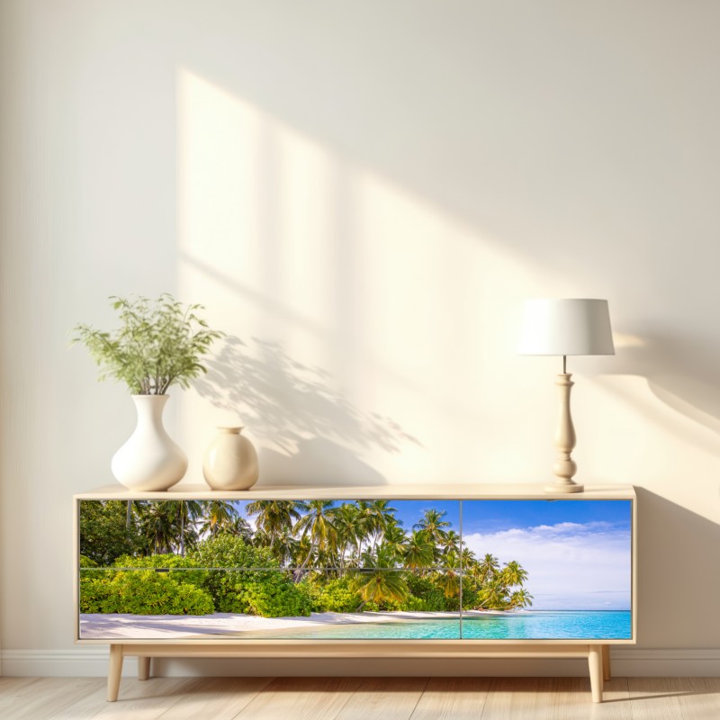 Naklejka repozycjonowalna tropikalna plaża z palmami – Wallissimo® Naklejka repozycjonowalna tropikalna plaża z palmami – Wallissimo®