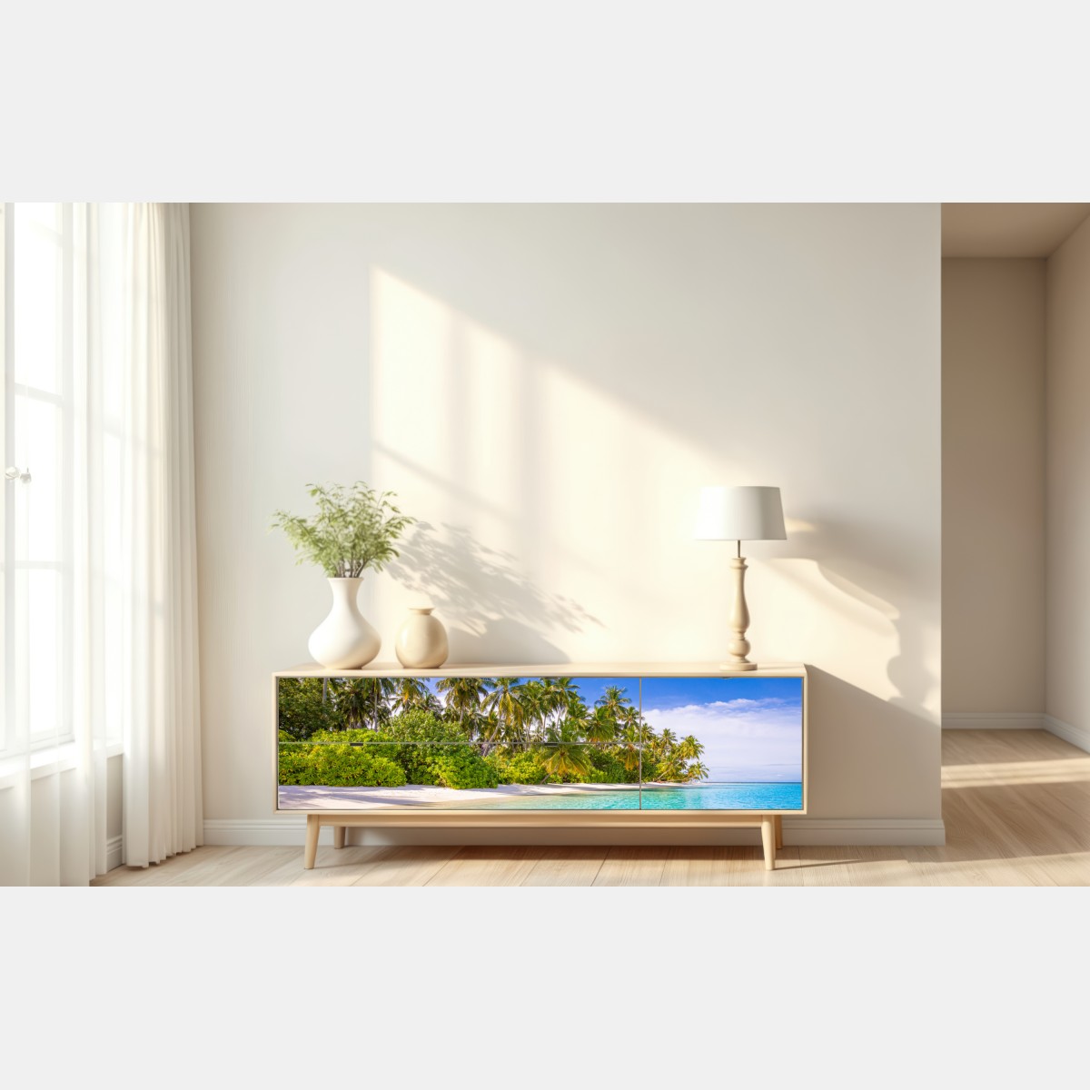 Naklejka repozycjonowalna tropikalna plaża z palmami – Wallissimo® Naklejka repozycjonowalna tropikalna plaża z palmami – Wallissimo®