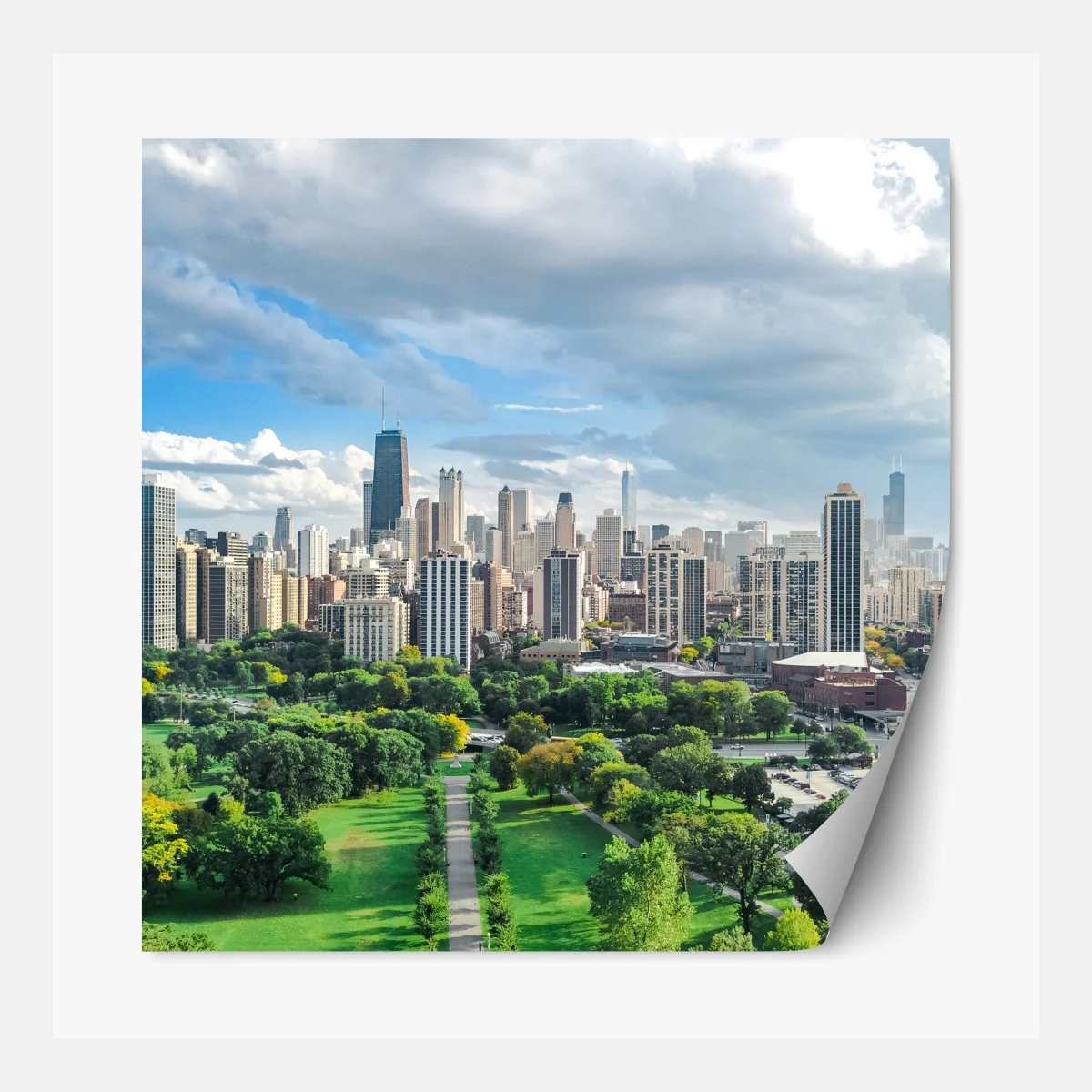 Naklejka repozycjonowalna miejska panorama nad zielonym parkiem – Wallissimo® Naklejka repozycjonowalna miejska panorama nad zielonym parkiem – Wallissimo®