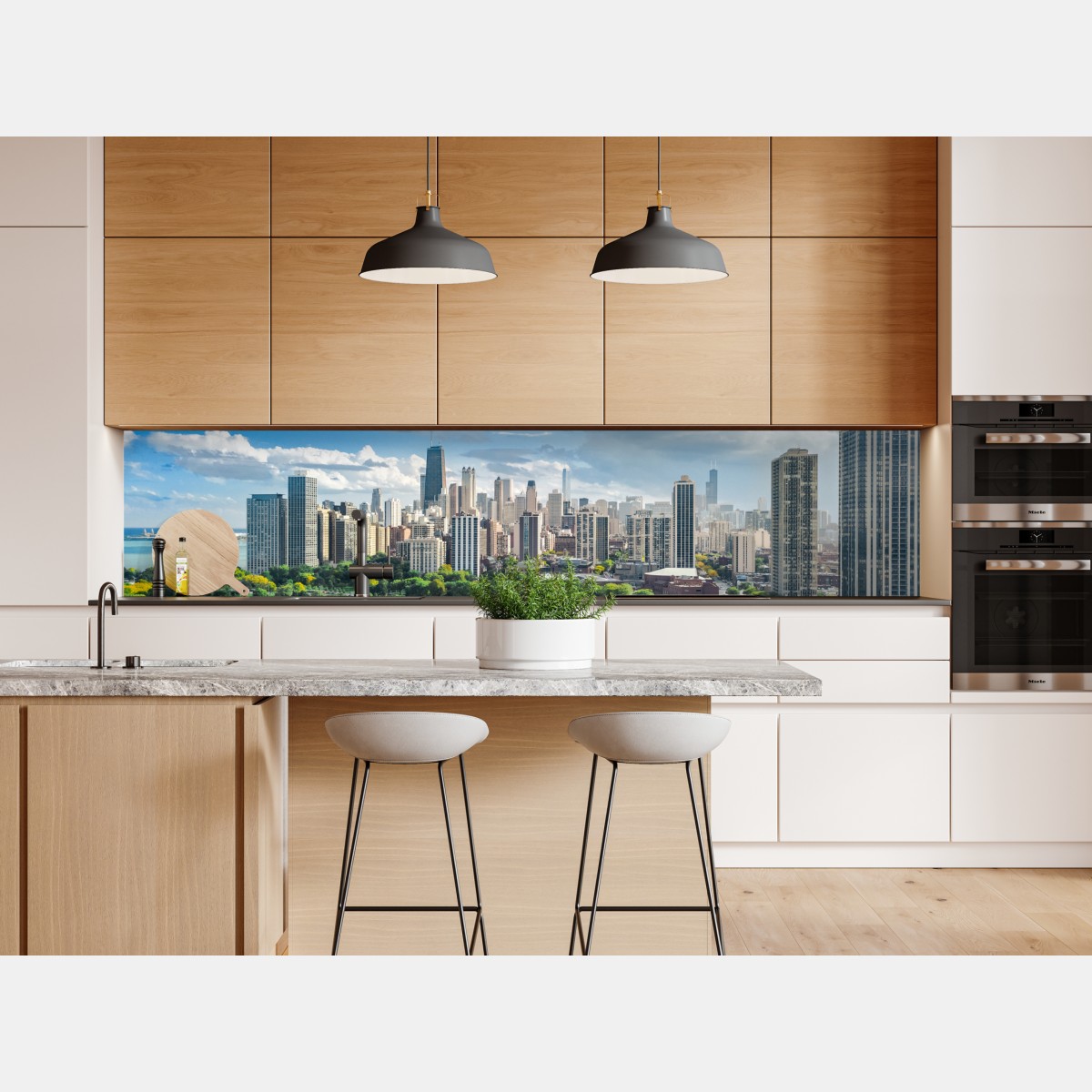 Naklejka repozycjonowalna miejska panorama nad zielonym parkiem – Wallissimo® Naklejka repozycjonowalna miejska panorama nad zielonym parkiem – Wallissimo®