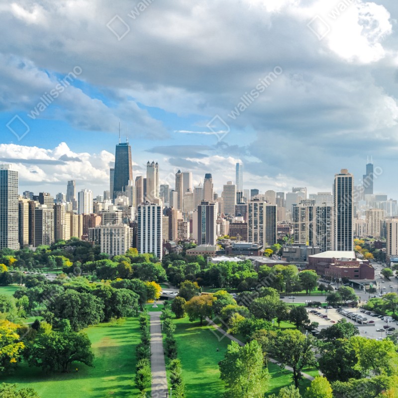 Naklejka repozycjonowalna miejska panorama nad zielonym parkiem – Wallissimo® Naklejka repozycjonowalna miejska panorama nad zielonym parkiem – Wallissimo®