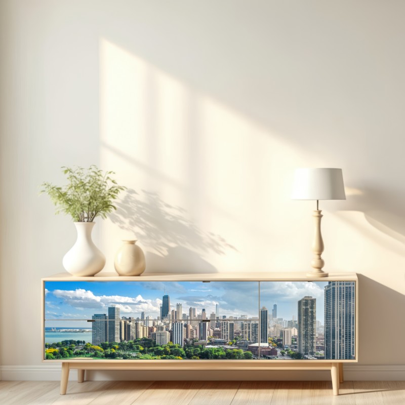 Naklejka repozycjonowalna miejska panorama nad zielonym parkiem – Wallissimo® Naklejka repozycjonowalna miejska panorama nad zielonym parkiem – Wallissimo®