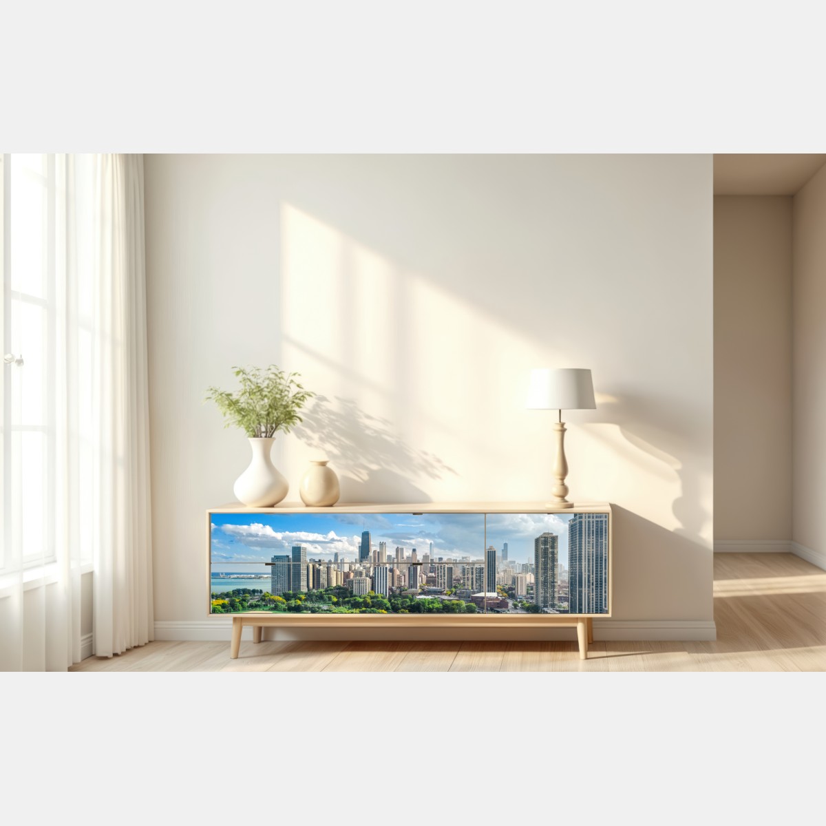 Naklejka repozycjonowalna miejska panorama nad zielonym parkiem – Wallissimo® Naklejka repozycjonowalna miejska panorama nad zielonym parkiem – Wallissimo®