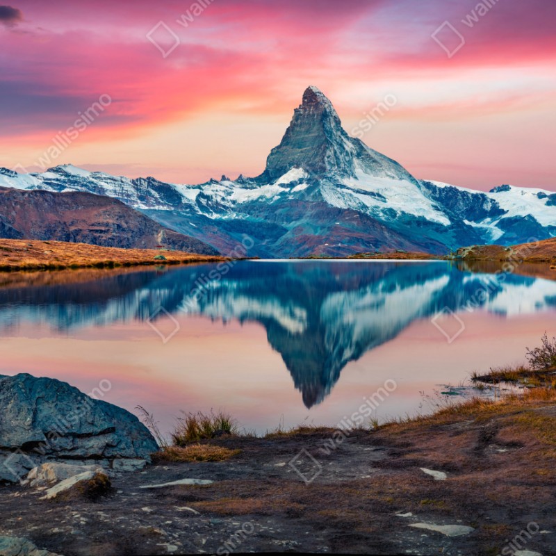 Naklejka repozycjonowalna majestatyczny Matterhorn odbity w Stellisee – Wallissimo® Naklejka repozycjonowalna majestatyczny Matterhorn odbity w Stellisee – Wallissimo®