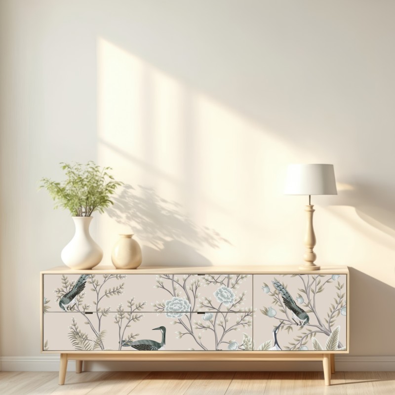 Naklejka repozycjonowalna eleganckie ptaki i kwitnące gałęzie – Wallissimo® Naklejka repozycjonowalna eleganckie ptaki i kwitnące gałęzie – Wallissimo®